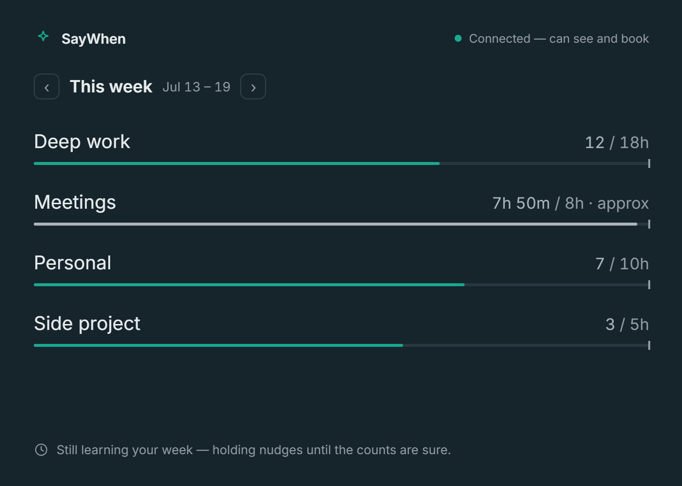 Facet marker showing warmup state, still learning your week and holding nudges