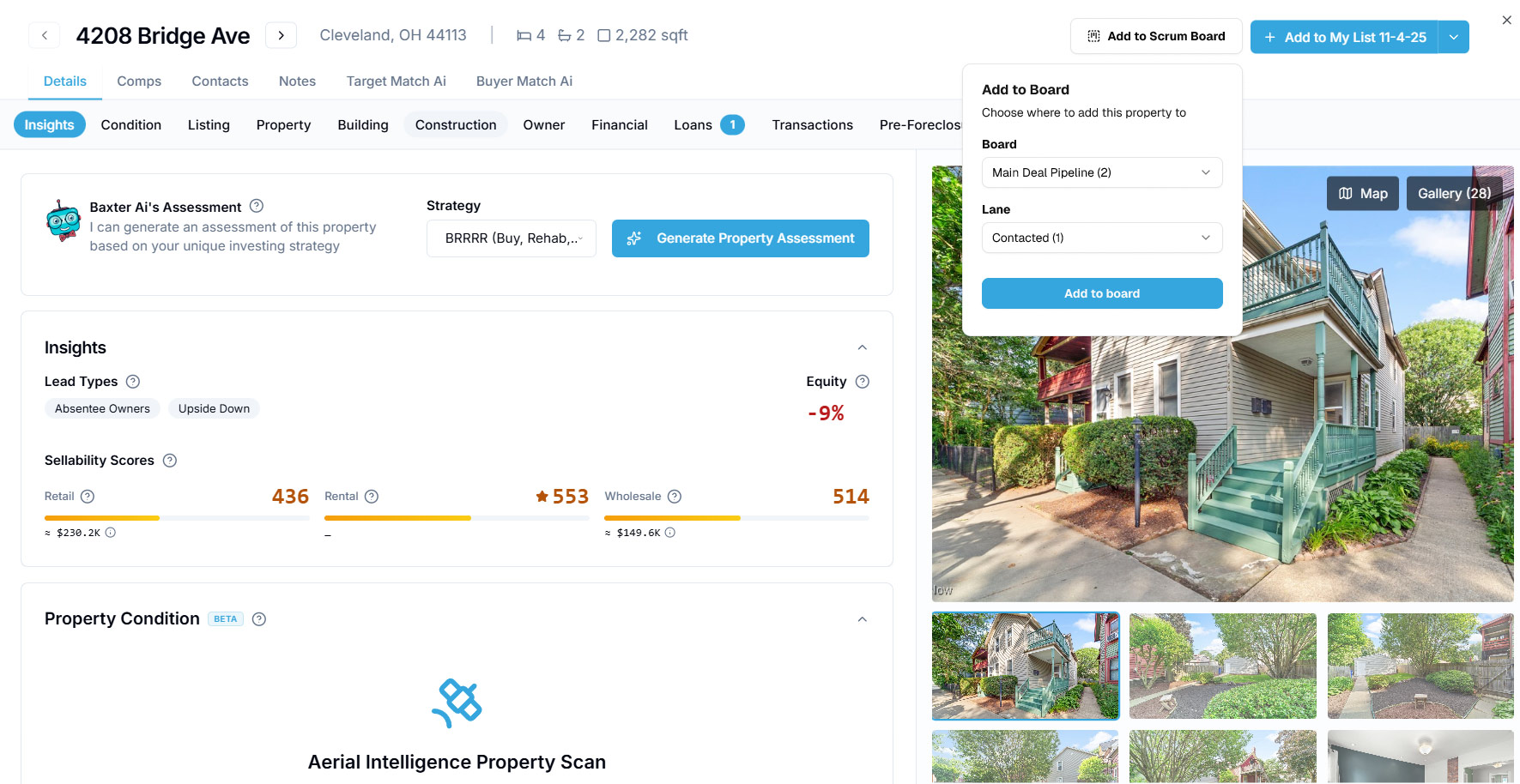 Baxter's assessment inline on the property detail page, with a strategy selector and a Generate Property Assessment action