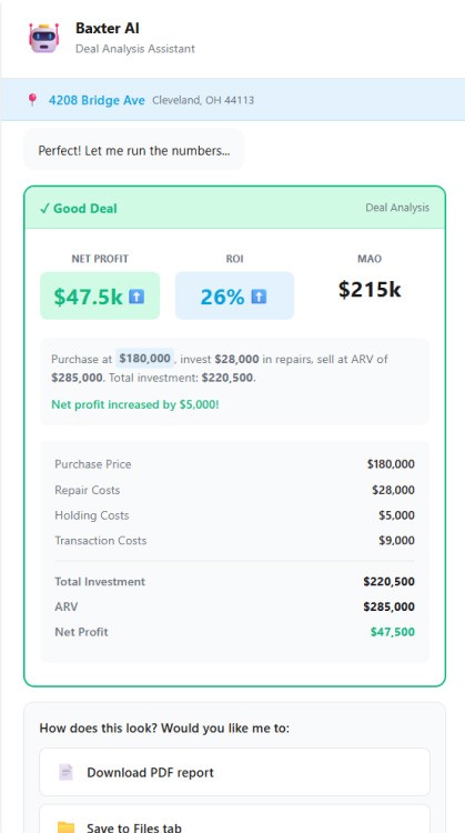 The deal analysis verdict, a Good Deal panel showing net profit, ROI, and maximum allowable offer with the numbers behind them