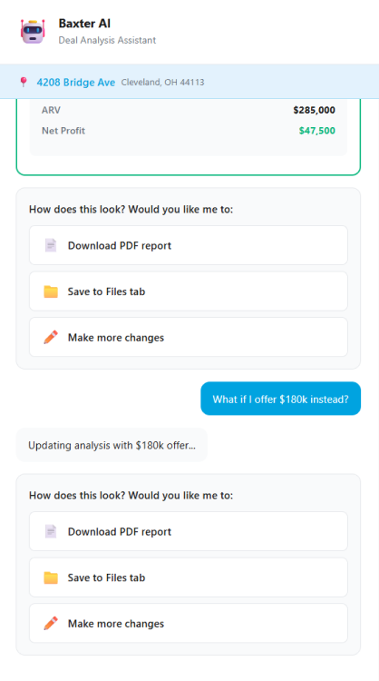 The investor asking what if I offer $180k instead, and Baxter updating the analysis in place