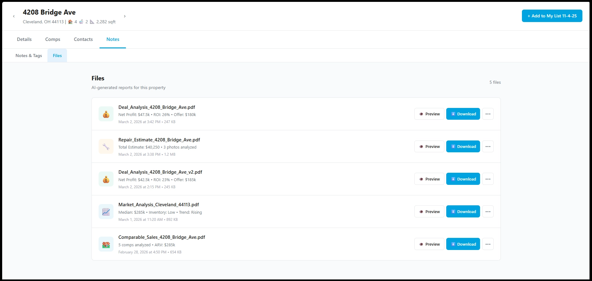 The property's Files tab, listing dated AI-generated PDF reports including two versions of the same deal analysis
