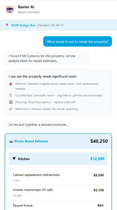 The MLS path, Baxter reading the listing's own photos and returning an itemized photo-based estimate