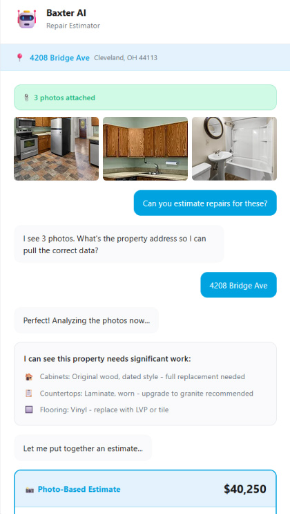 The upload path, the investor attaching walkthrough photos and Baxter returning the same itemized estimate