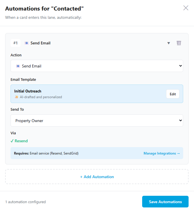 The lane automation configuration, sending an AI-drafted outreach email to the property owner when a card enters Contacted