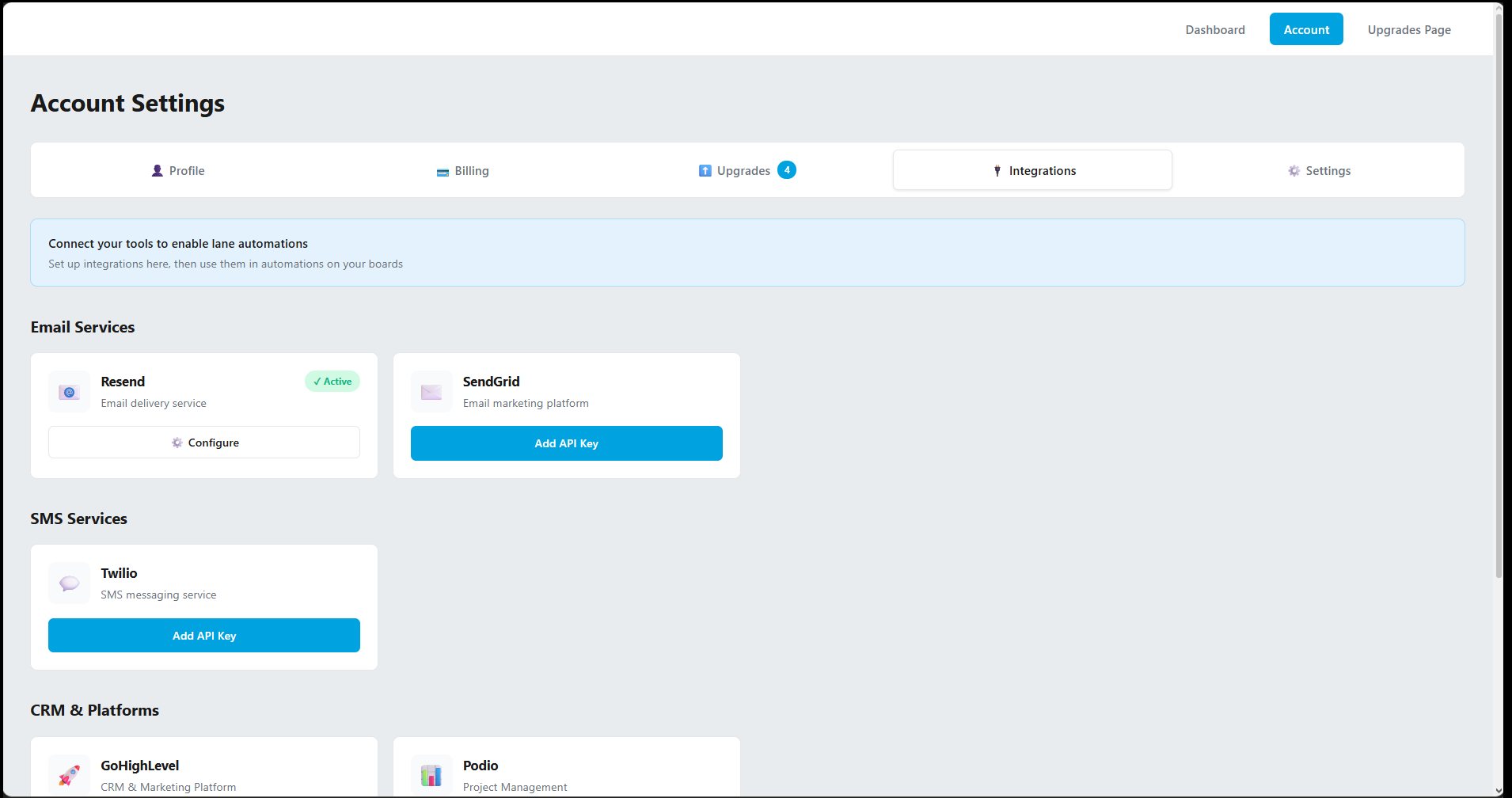 The integrations settings, where the investor connects their own email, SMS, and CRM services