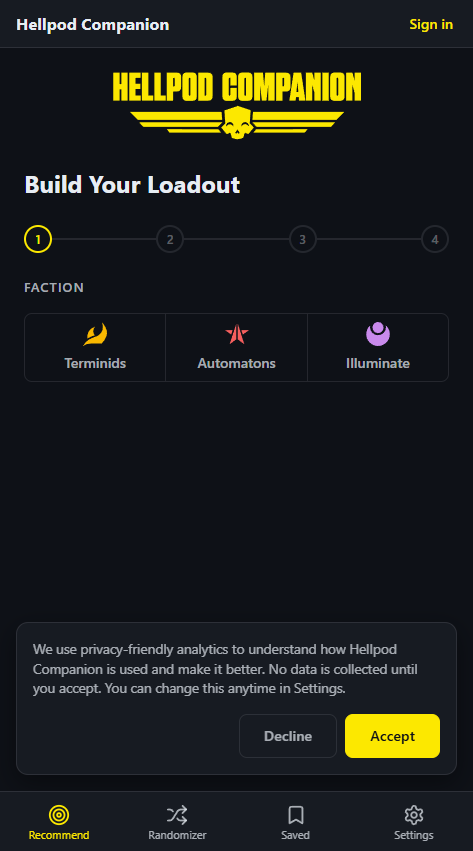 The Build Your Loadout wizard on step 1 of 4, with three faction options: Terminids, Automatons, Illuminate. An analytics consent banner is visible at the bottom.