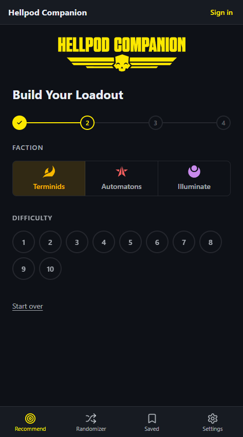 Step 2 of 4 after selecting Terminids. Difficulty picker showing options 1 through 10.