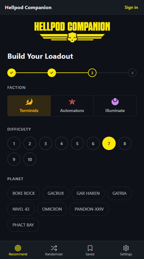 Step 3 of 4 with Terminids and Difficulty 7 selected. Planet picker showing eight options: Bore Rock, Gacrux, Gar Haren, Gatria, Nivel 43, Omicron, Pandion-XXIV, Phact Bay.
