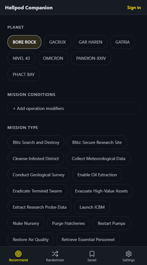 Step 4 with Bore Rock selected. An Add operation modifiers field for Mission Conditions, and a Mission Type picker listing over a dozen mission options including Blitz Search and Destroy, Cleanse Infested District, and Eradicate Terminid Swarm.