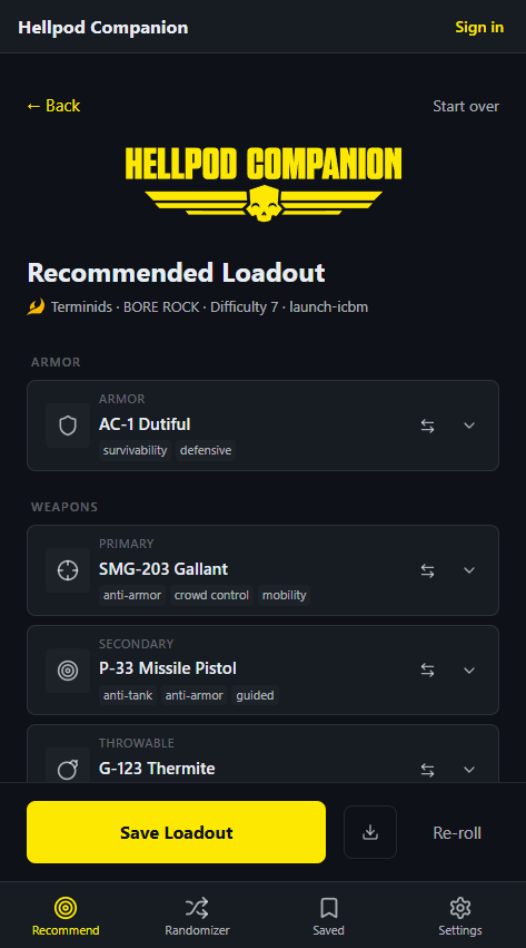 Top of the Recommended Loadout page for Terminids on Bore Rock, Difficulty 7, mission launch-icbm. The armor pick (AC-1 Dutiful, tagged survivability and defensive) and the primary weapon (SMG-203 Gallant, tagged anti-armor, crowd control, mobility), each with swap and expand controls.