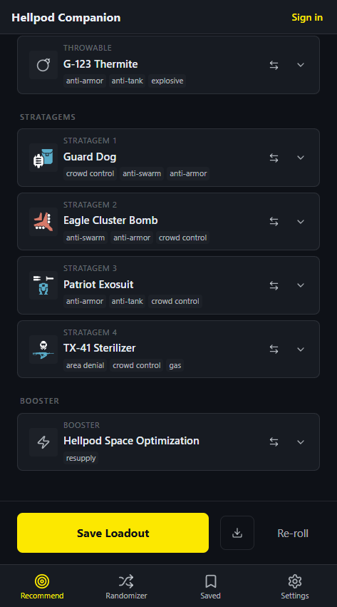 Bottom of the same Recommended Loadout page. The throwable (G-123 Thermite), four stratagems (Guard Dog, Eagle Cluster Bomb, Patriot Exosuit, TX-41 Sterilizer), and one booster (Hellpod Space Optimization), each with tags and swap and expand controls, plus Save Loadout, export, and Re-roll actions.