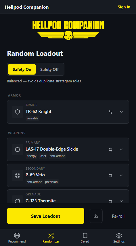 The Randomizer page with Safety On selected, described as "Balanced, avoids duplicate stratagem roles." A rolled loadout: TR-62 Knight armor, LAS-17 Double-Edge Sickle primary, P-69 Veto secondary, G-123 Thermite grenade.