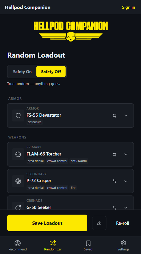 The Randomizer page with Safety Off selected, described as "True random, anything goes." A different rolled loadout: FS-55 Devastator armor, FLAM-66 Torcher primary, P-72 Crisper secondary, G-50 Seeker grenade.